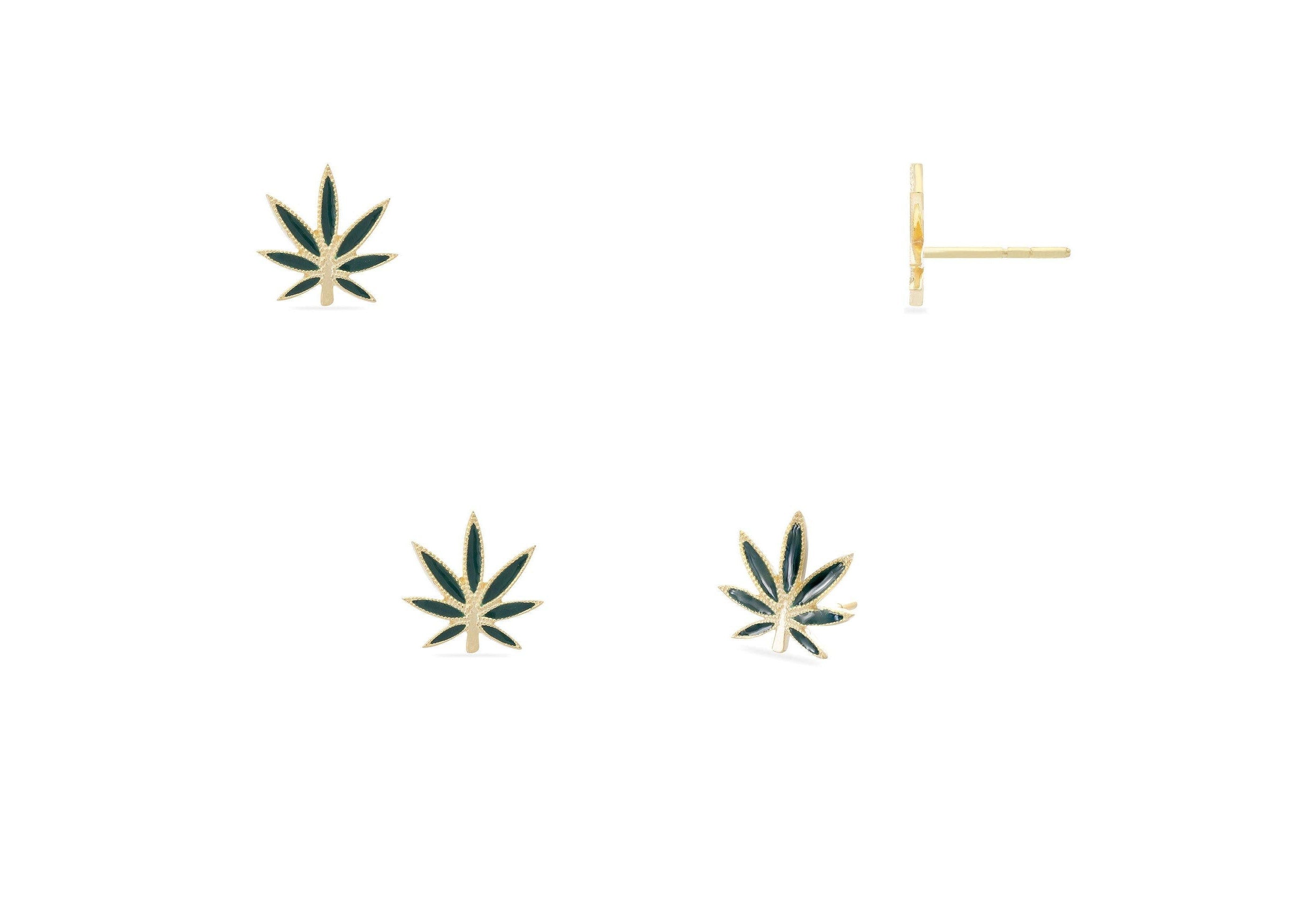 Cannabis Leaf Stud Earrings, Sterling Silver Marijuana Studs, Minimalist Gold Stud Earrings, Gift for Weed Lover